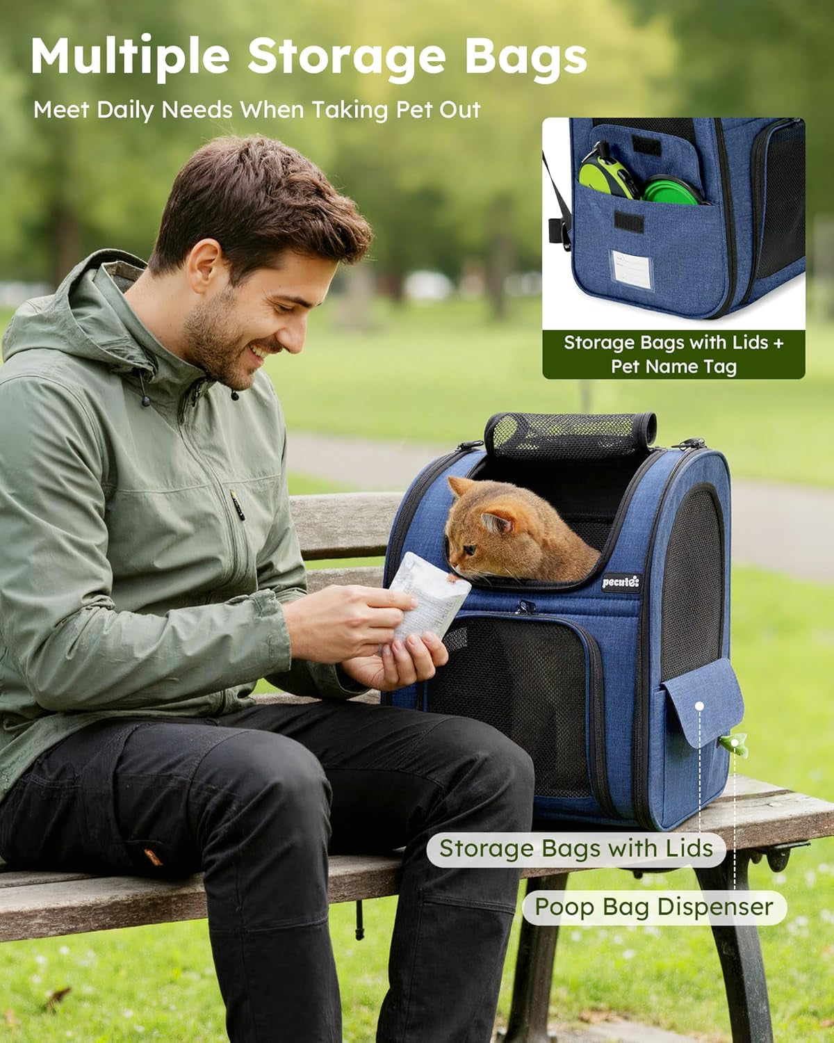 Expandable Cat Backpack Carrier for Small Pets up to 11 lbs, Featuring Breathable Mesh, Multi-Entry Design, and Lockable Zippers for Travel, Hiking, and Camping - Hands-Free, Blue