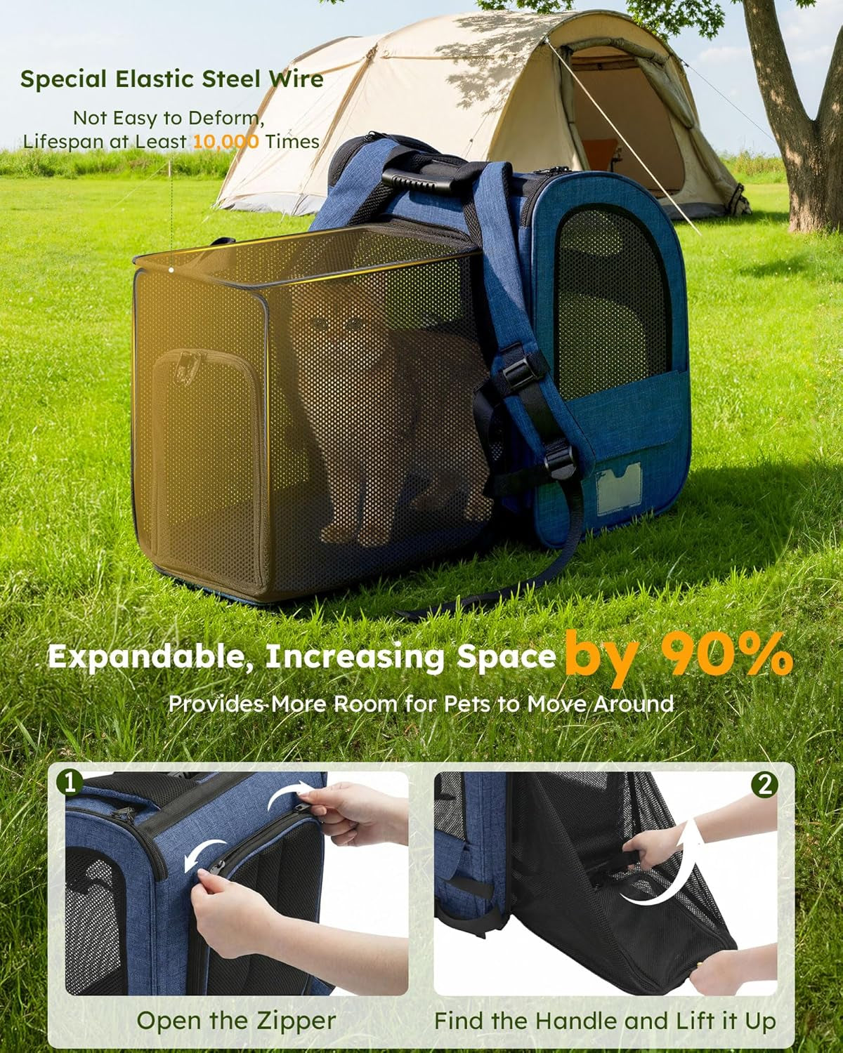 Expandable Cat Backpack Carrier for Small Pets up to 11 lbs, Featuring Breathable Mesh, Multi-Entry Design, and Lockable Zippers for Travel, Hiking, and Camping - Hands-Free, Blue