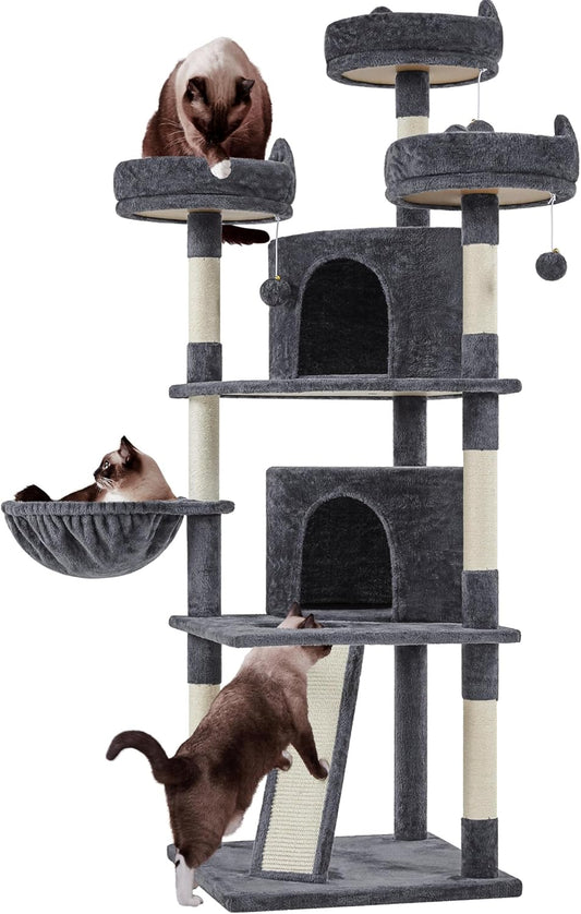 68.5-Inch Cat Tree for Large Cats - Multi-Level Tower with Three Spacious Perches and Large Condo - Stable Pet Playhouse with Sisal-Covered Scratching Posts and Board - Dark Gray