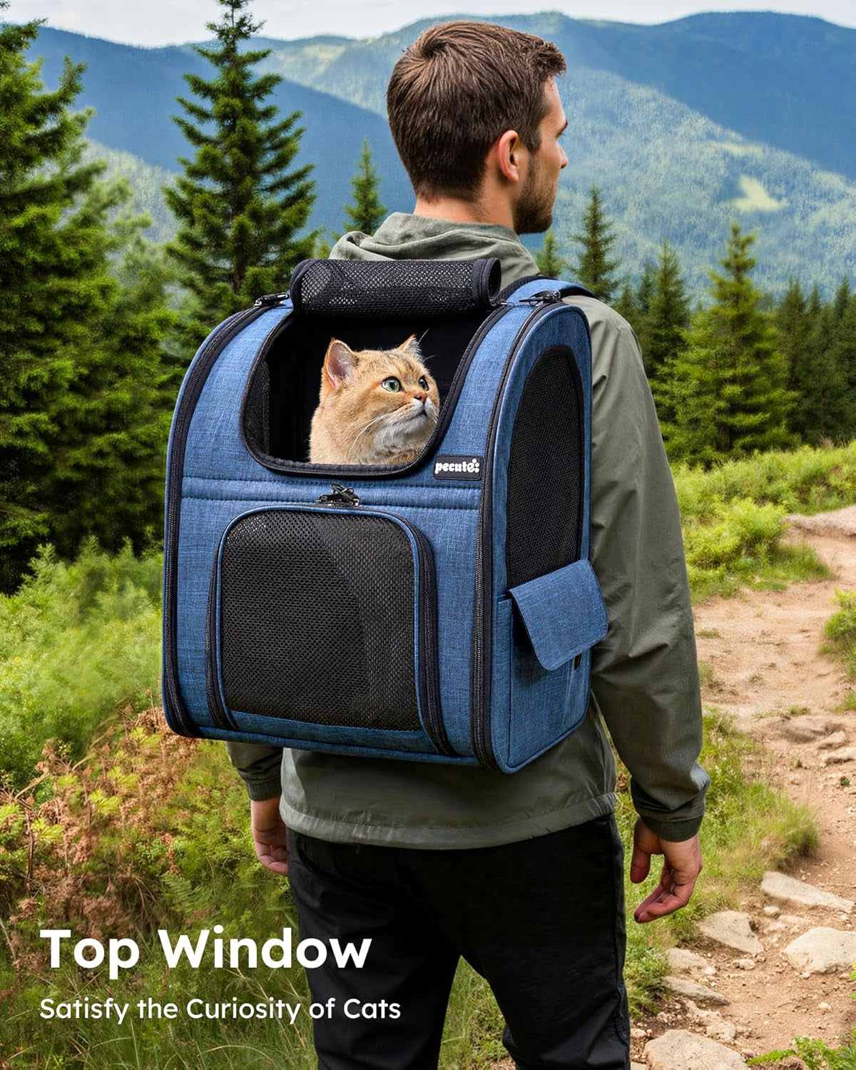 Expandable Cat Backpack Carrier for Small Pets up to 11 lbs, Featuring Breathable Mesh, Multi-Entry Design, and Lockable Zippers for Travel, Hiking, and Camping - Hands-Free, Blue