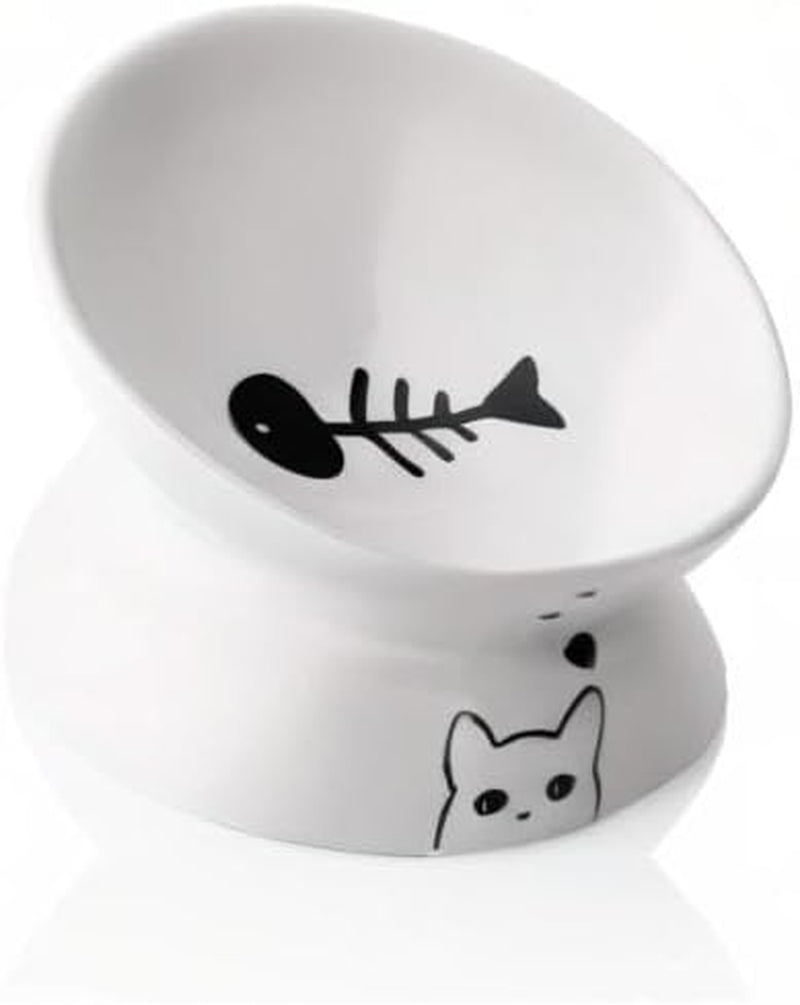 Elevated Ceramic Cat Bowls for Food and Water, Slanted Design for Spine Protection and Stress-Free Feeding, Backflow Prevention (White)