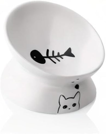 Elevated Ceramic Cat Bowls for Food and Water, Slanted Design for Spine Protection and Stress-Free Feeding, Backflow Prevention (White)