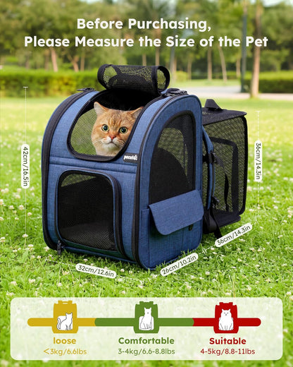 Expandable Cat Backpack Carrier for Small Pets up to 11 lbs, Featuring Breathable Mesh, Multi-Entry Design, and Lockable Zippers for Travel, Hiking, and Camping - Hands-Free, Blue