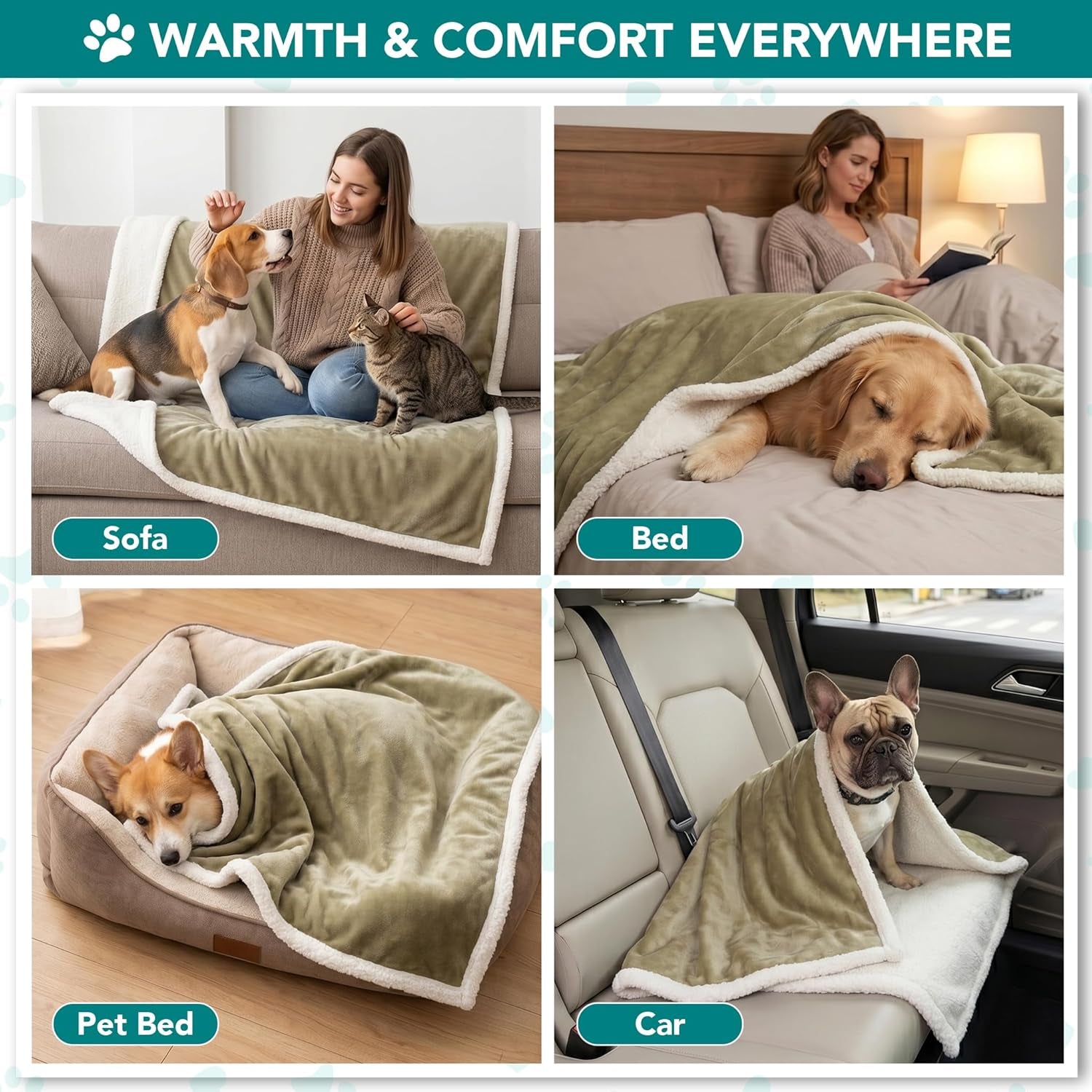Reversible Sherpa Fleece Dog Blanket for Medium to Large Pets, Soft Plush Couch Cover Protector, Machine Washable, 80x60, Taupe