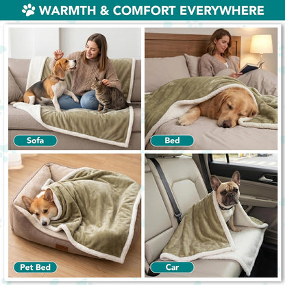Reversible Sherpa Fleece Dog Blanket for Medium to Large Pets, Soft Plush Couch Cover Protector, Machine Washable, 80x60, Taupe