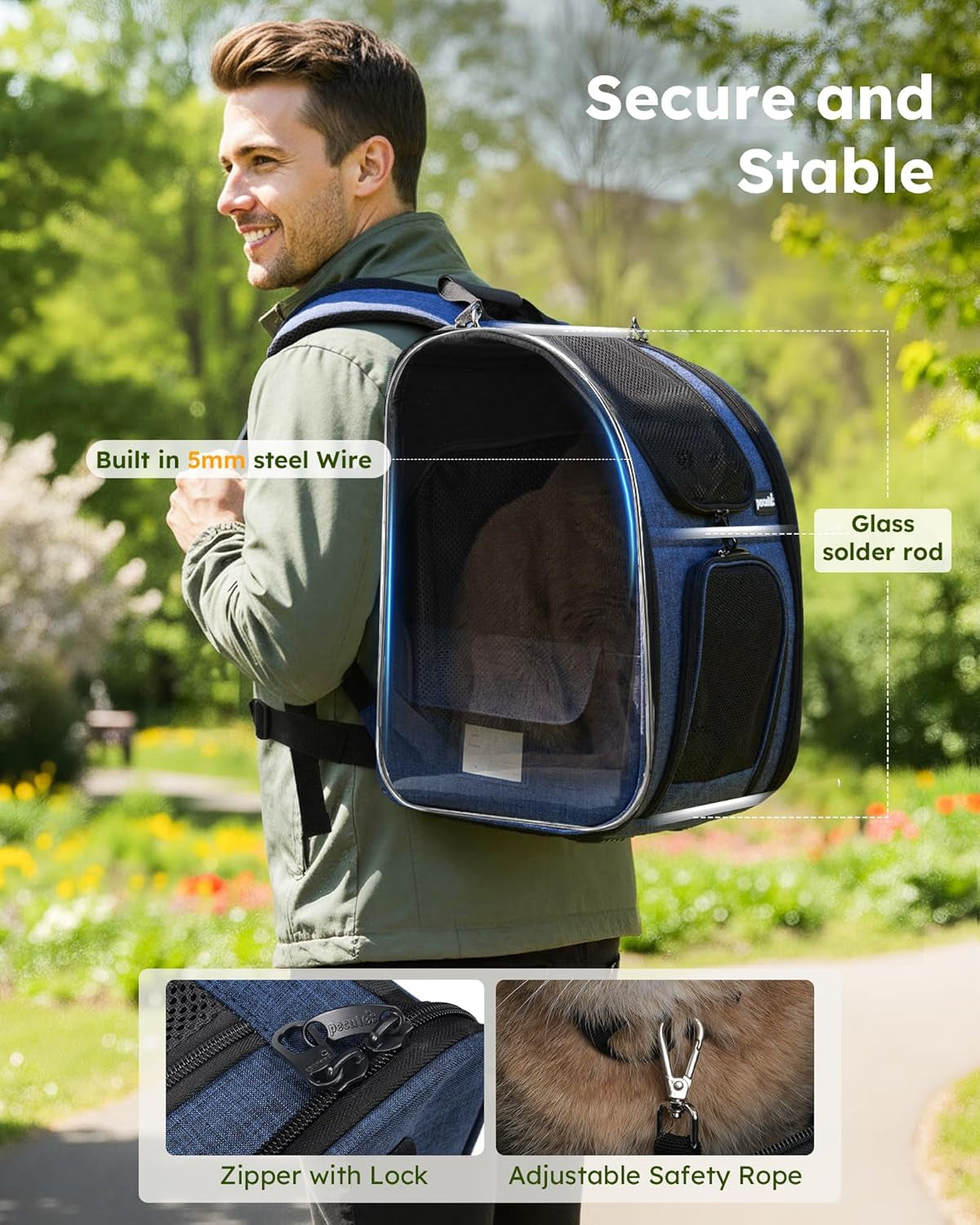 Expandable Cat Backpack Carrier for Small Pets up to 11 lbs, Featuring Breathable Mesh, Multi-Entry Design, and Lockable Zippers for Travel, Hiking, and Camping - Hands-Free, Blue