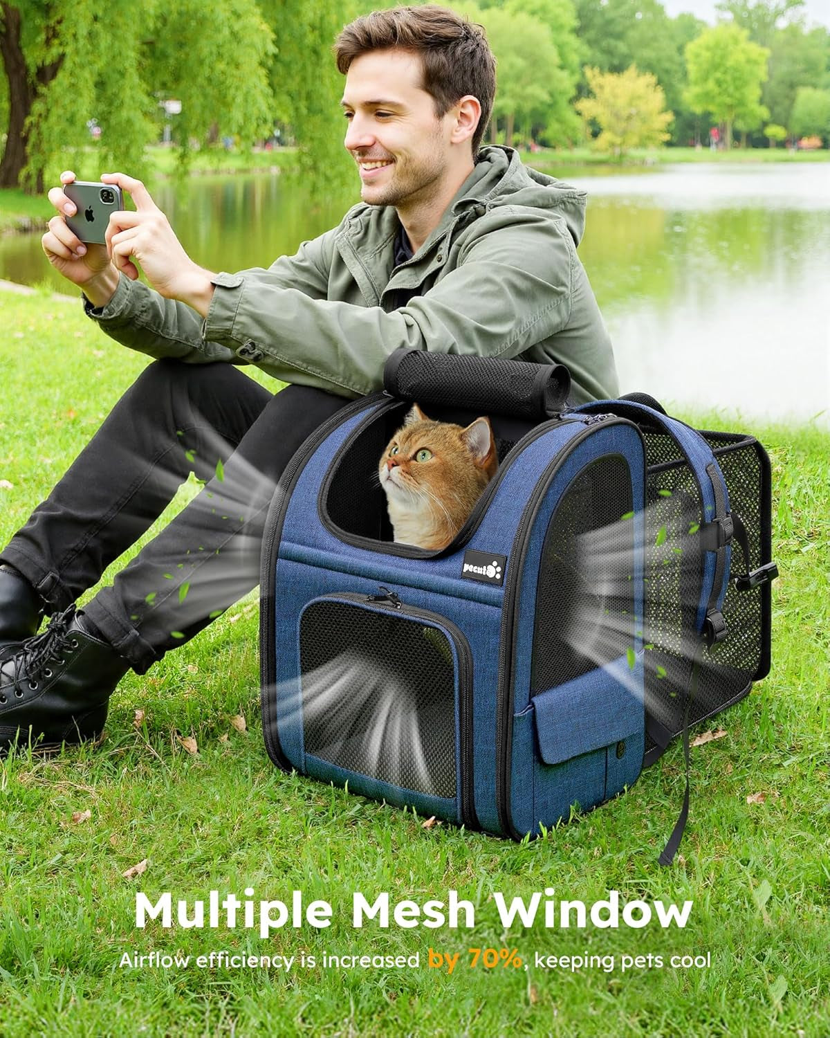 Expandable Cat Backpack Carrier for Small Pets up to 11 lbs, Featuring Breathable Mesh, Multi-Entry Design, and Lockable Zippers for Travel, Hiking, and Camping - Hands-Free, Blue