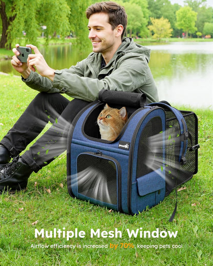 Expandable Cat Backpack Carrier for Small Pets up to 11 lbs, Featuring Breathable Mesh, Multi-Entry Design, and Lockable Zippers for Travel, Hiking, and Camping - Hands-Free, Blue